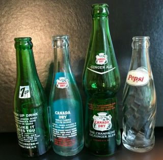4 Vintage Soda Pop Bottles 7up swimsuit girl,  swirl pepsi,  canada dry 3
