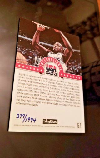 1994 Skybox Shaquille O ' Neal 67 Autographed Card 379/1994 w/COA LMTD EDITION 2
