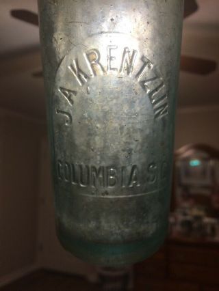 Antique J.  A.  Krentzlin Tombstone Plated Hutch Soda Bottle Columbia,  Sc Rare