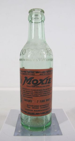 Antique/vintage Moxie 7 Oz Bottle 7 3/4 " W/label Still On Boston,  Mass Yqz