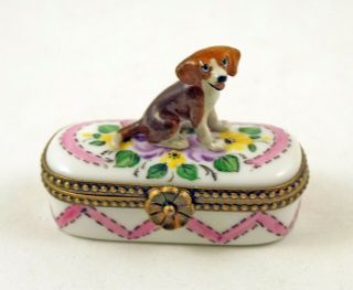 French Limoges Trinket Box Cute Beagle Dog Puppy On Floral With Bow Box