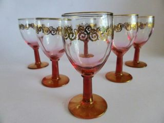 Set Of 6 Mid Century Red & Gold Stemmed Drinking Glasses,  Retro Glassware