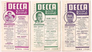 3 Decca All - Star Records Catalogs Apr,  May June 1940 Andrews Sisters Tony Martin