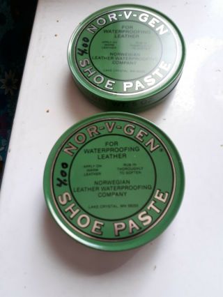 Set of 2 Vintage Nor - V - Gen Shoe Oil Paste Weatherproofing Tins Cans 2
