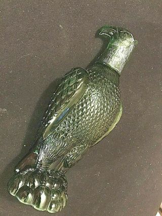 Vintage Green Art Glass Decanter Bottle Eagle Bird Shaped Shot Glass Head