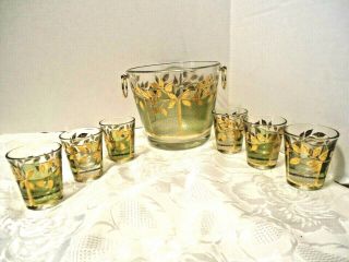 Mcm Mid - Century Culver Ice Bucket & 6 Shot Glasses Gold Green Leaves Exc Cond