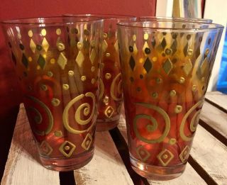 Set 4 Cerve Glasses Tumblers Italy Ombré Red Pink To Clear Gold Swirl Diamonds