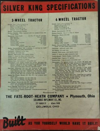 1938 Silver King Tractor Poster,  Specifications - Fate - Root - Heath Company 3