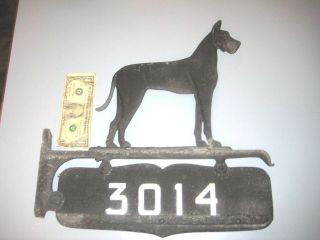 Vntge Antique Cast Metal Home Address Sign Mailbox Topper Plaque Dog Great Dane