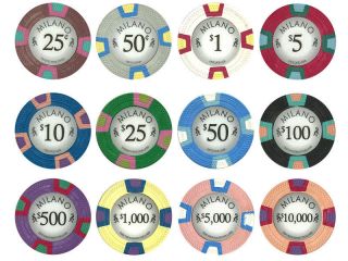 Milano Pure Clay 10 Gram Poker Chips Sample Set Pack - 12 Denominations -
