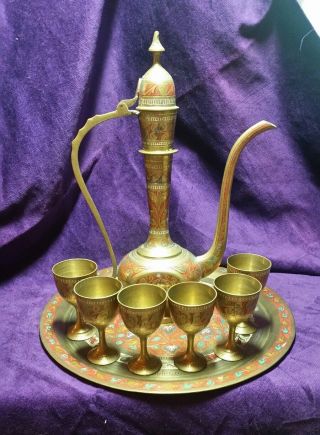 Vintage Hand Echeched Decanter Set With Tray And Matching Cordial Set