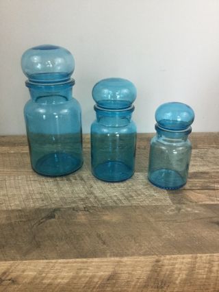 Vintage Set Of 3 Belgium Blue Bubble Top Apothecary Jars Storage Canisters