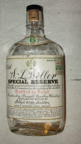 1941 W L Weller Special Reserve Sour Mash Whiskey Bottle Paper Label One Pint