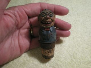Vintage Wood Wooden Carving Bottle Wine Stopper Old Man W Glasses,  Teeth Fr/shp