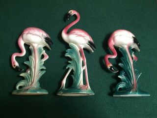 3 Mid Century Art Deco Ceramic Pink Flamingo Figurines 10 " & 7 1/2 " Made In Usa