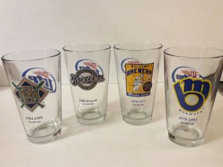 Promo Milwaukee Brewers Miller Lite Beer Pint Glasses Thru Years Barrelman
