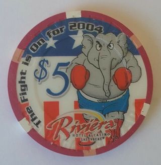 $5 Riviera Hotel & Casino Chip From Las Vegas,  Nevada Ltd 500 The Fights Is On