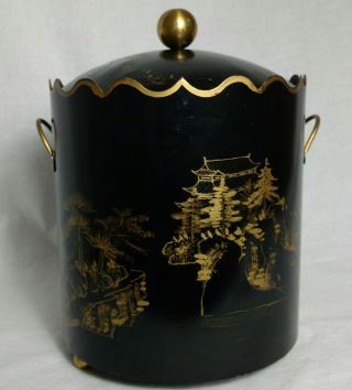 Vintage Metal Black Ice Bucket Asian Graphics Domed Lid Two Gold Tone Handles