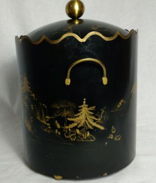 Vintage Metal Black Ice Bucket Asian Graphics Domed Lid Two Gold tone handles 3