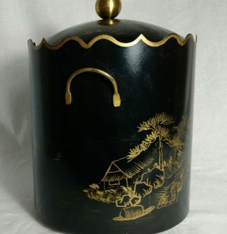 Vintage Metal Black Ice Bucket Asian Graphics Domed Lid Two Gold tone handles 4