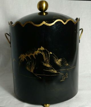 Vintage Metal Black Ice Bucket Asian Graphics Domed Lid Two Gold tone handles 5