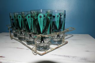 Dyball Hazel Atlas Set 7 Retro Glasses Cocktail 5 1/4 " W/ Caddy Teal Rooster A,