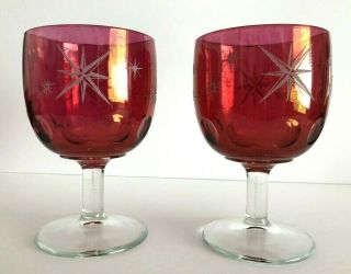 Vintage Set Of 2 Bartlett Collins Cranberry Atomic Star Thumbprint Glass Goblets