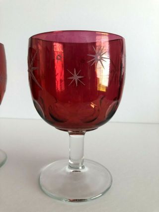 Vintage Set Of 2 Bartlett Collins Cranberry Atomic Star Thumbprint Glass Goblets 2