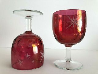 Vintage Set Of 2 Bartlett Collins Cranberry Atomic Star Thumbprint Glass Goblets 3