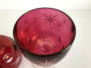 Vintage Set Of 2 Bartlett Collins Cranberry Atomic Star Thumbprint Glass Goblets 4