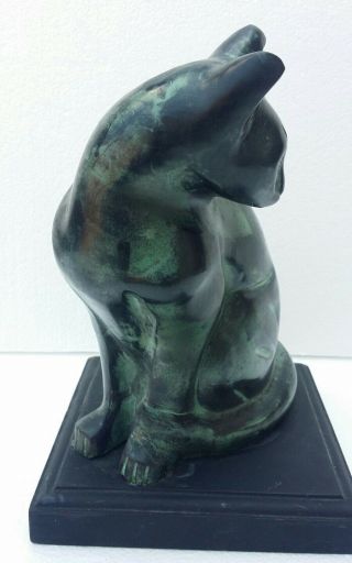 Bronze Cat Statue In Verdigris On A Wood Base Great Look