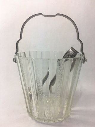 Vintage Carved Glass Ice Bucket W/ Detailed Chevron Silver Handle And Tongs