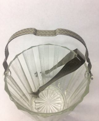Vintage Carved Glass Ice Bucket w/ Detailed Chevron Silver Handle and Tongs 4