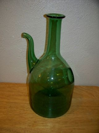 Vtg Green Glass Porron Wine Decanter/jug/spouted Pitcher W/ Ice Chamber Spanish