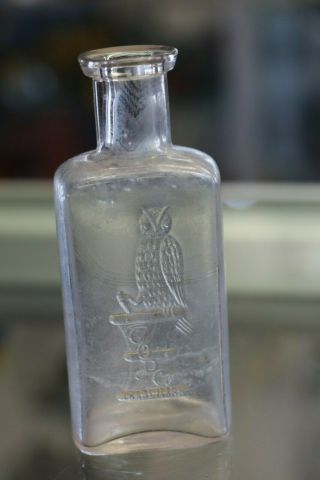Vintage The Owl Drug Co.  Antique Prescription Bottle.  4 " Scarce.  Owl.