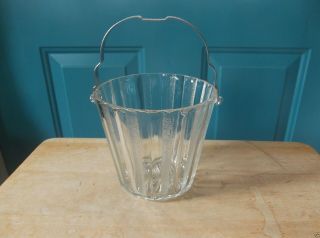 Vintage Clear Glass Ice Bucket With Ribbed Design And Metal Handle