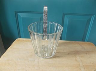 Vintage Clear Glass Ice Bucket with Ribbed Design and Metal Handle 2