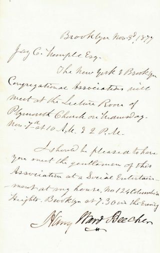 Henry Ward Beecher.  Letter Signed.  Abolitionist,  Reformer,  Clergyman,  Speaker