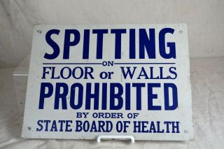Vintage Old " Spitting Prohibited " Steele Enamel Sign State Board Of Health Nr