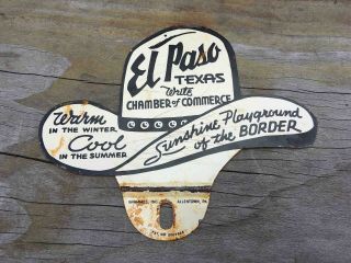 Old El Paso Texas Painted Tin Die Cut Cowboy Hat Ad License Plate Topper