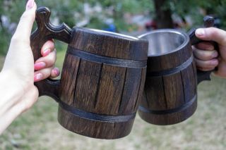Beer Mug Set 2 Wooden German Mugs Coffee Tea Cup Barrel Oak Wood Gift Tankard