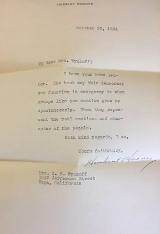 Herbert Hoover Letter Signed (1934) Re: Current National Emergency President