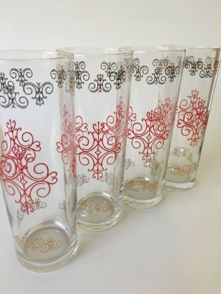 Retro Drinking Glasses - Set Of 4 - Red And Gold Scroll Motif