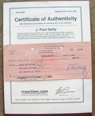 J.  Paul Getty Signed Personal Check From 1946 - Comes With From Rr