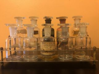 10 Vintage T.  C.  W.  Co Apothecary Medicine Bottles & Ground Glass Stopper W/ Stand