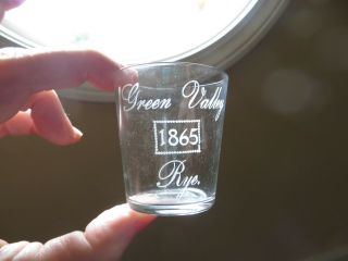 Etched Pre Pro Whiskey Shot Glass Green Valley 1865 Rye Mitchell Co.  Boston Ma