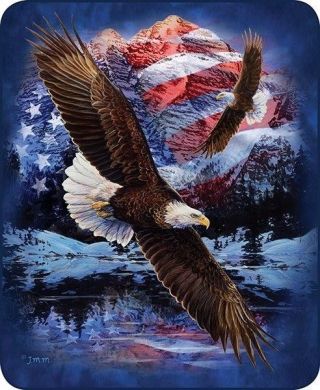 Soaring Eagle Every Mountain Flag USA Faux Fur Queen Size Blanket 79 