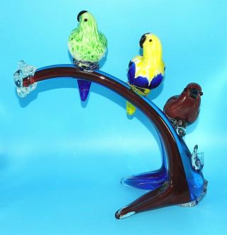 Murano Studio Art Glass Triple Bird Parakeet Parrot On Colorful Branch Figurine