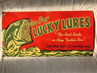Relisted - Vintage Porcelain Lucky Lures Paw Paw Bait Co.  36”x18” Enamel Sign.