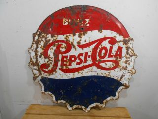Rare Pepsi Cola Large 31 " Soda Bottle Cap Diecut Embossed Tin Sign